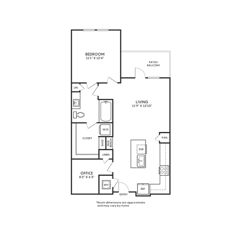 Floor plan for 1 bed, 1 bath, 809 sqft